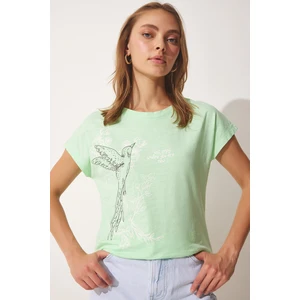 Happiness İstanbul Women's Light Green Printed Cotton T-Shirt