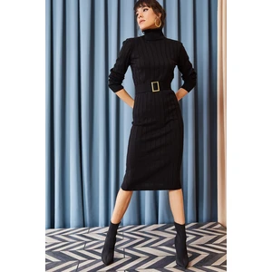 Olalook Women's Black Thick Ribbed Sweater Dress with Belt