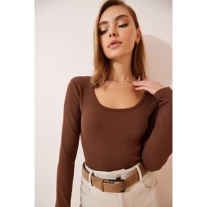 Happiness İstanbul Women's Brown U-Neck Ribbed Knitted Blouse