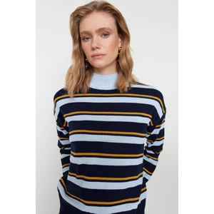 Trendyol Navy Blue Color Block Stand-Up Collar Knitwear Sweater