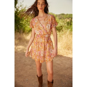 Trendyol Mustard Belted Mini Woven Lined Floral Dress