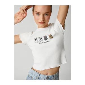 Koton Crop T-Shirt with Printed Short Sleeves Crewneck Corduroy