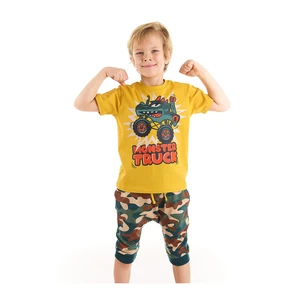 Denokids Monster Truck Car Boy Yellow T-shirt Camouflage Capri Shorts Set.