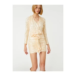 Koton Sequined Ruffles Mini Evening Dress With Long Sleeves