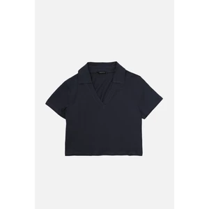 Trendyol Navy Blue V Neck Crop Knitted T-Shirt