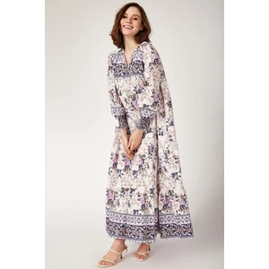 Bigdart Women's Purple Floral Patterned Dress with Pleated Sleeves, Yoke 1947 1947 hpd19.