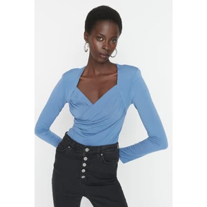 Trendyol Indigo Waistband Draped Detailed Fitted/Situated Elastic Snaps Knitted Bodysuit