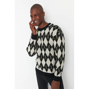 Trendyol Black Men Regular Fit Crew Neck Checkered Patterned Knitwear Sweater