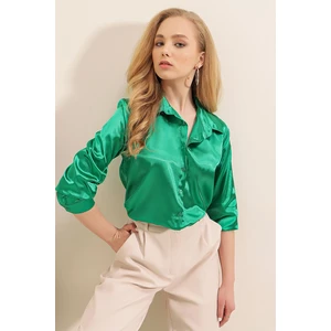 Bigdart 3964 Lightly Flowy Satin Shirt - Dark Green