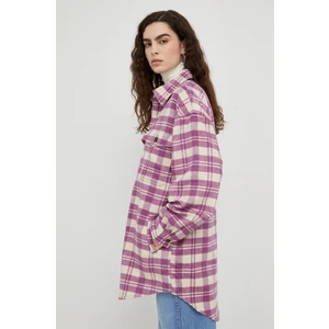 Cream-Pink Women's Plaid Shirt Jacket with Lee Wool - Women