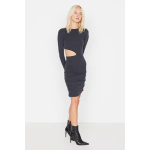 Trendyol Anthracite Waist Detailed Bodycon Mini Ribbed Knitted Dress