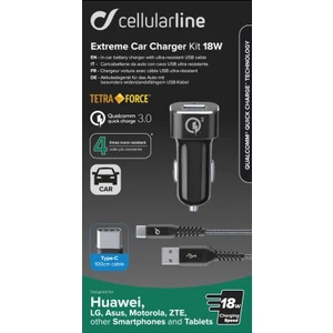Set USB autonabíječky a USB-C kabelu Cellularline Tetra Force 18W, Qualcomm® Quick Charge 3.0, černý