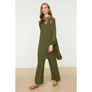 Trendyol Khaki Wide Leg Handle Elastic Aerobin Woven Bottom-Top Set