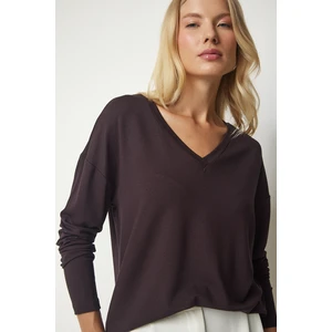 Happiness İstanbul Women's Dark Brown V-Neck Knitwear Blouse