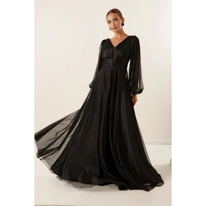 By Saygı Front Back V Neck Balloon Sleeve Long Tulle Dress