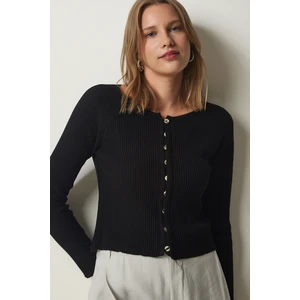 Happiness İstanbul Women's Black Buttoned Ribbed Knitwear Cardigan