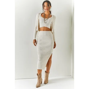 Olalook Women's Stone Cardigan Blouse and Skirt 3-Piece Sweater Suit