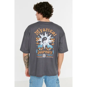 Trendyol Anthracite Men's Oversize Fit Crew Neck Short Sleeve Printed T-Shirt
