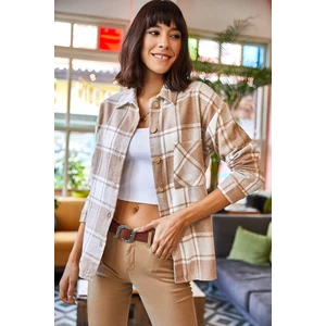 Olalook Women's Beige One Pocket Thick Plaid Lumberjack Shirt