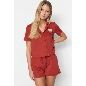 Trendyol Cinnamon Cotton Teddy Bear Embroidered Shirt-Shorts Knitted Pajamas Set