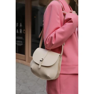Madamra Beige Women's Shoulder Bag with Buckle Clamshell.