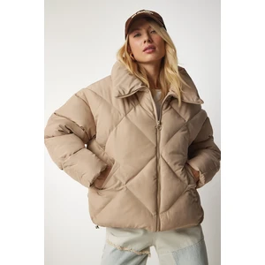 Happiness İstanbul Women's Beige Turtleneck Oversized Puffy Coat