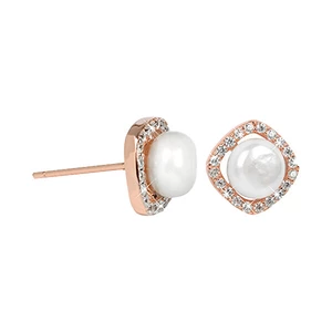JwL Luxury Pearls Stříbrné rosegold náušnice s pravou bílou perlou a krystaly JL0252