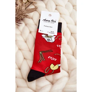 Men's socks with Asian noodle patterns red