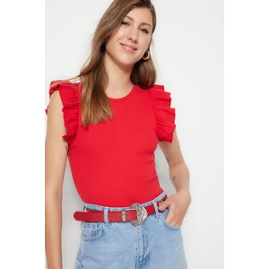 Trendyol Red Ruffle Detailed Ribbed Crew Neck Flexible Snap Snap Knitted Body