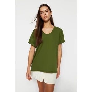 Trendyol Khaki 100% Cotton Boyfriend V-Neck Knitted T-Shirt