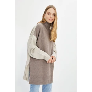 Trendyol Brown Color Block Turtleneck Long Knitwear Sweater