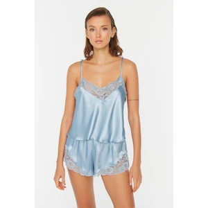 Trendyol Blue Lace Detailed Satin Pajamas Set