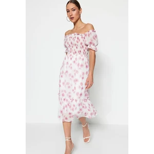 Trendyol Pink Chiffon with Weave Lined Carmen Collar Gippe Midi Dress