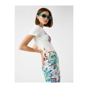 Koton Printed T-Shirt Crew Neck Tie Detail