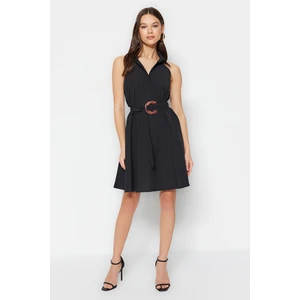 Trendyol Black Belted Opening Waist Mini Mini Woven Cotton Pleated Dress