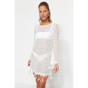 Trendyol Ecru Mini Knitted Tasseled Beach Dress