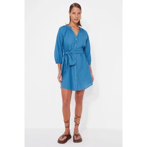 Trendyol Blue Belted Mini Woven 100% Cotton Beach Dress
