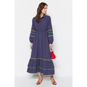 Trendyol Navy Blue Striped Detail Half Paw Cotton Woven Dress