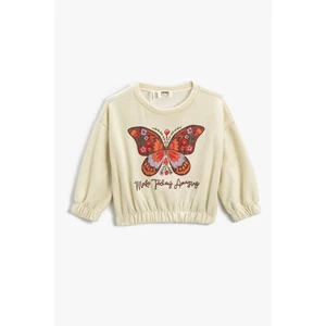 Koton Girls' Embroidered Butterfly Ribbed Round Neck Crop Sweatshirt