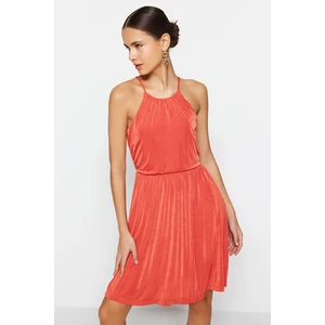 Trendyol Limited Edition Orange Shiny Surface, Soft Textured Knitted Mini Dress at the Waist