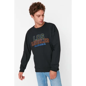 Trendyol Black Men's Oversize Fit Crew Neck Embroidery Soft Pile Cotton Sweatshirt