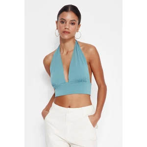 Trendyol Oil Halterneck Fitted Super Crop Stretchy Knit Blouse.