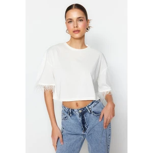 Trendyol Ecru 100% Cotton Crop Detail Crop Crew Neck Knitted T-Shirt