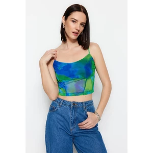 Trendyol Green Patterned Fitted/Simple Crop with Straps and Tulle Stretch Knitted Blouse