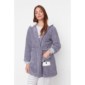 Trendyol Animal Figured Gray Wellsoft Knitted Dressing Gown with Pockets