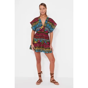 Trendyol Floral Patterned Mini Woven Beach Dress With Open Back, 100% Cotton
