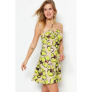 Trendyol Yellow, Opening at the Waist Mini, Woven Ruffles and Flower Pattern Dress