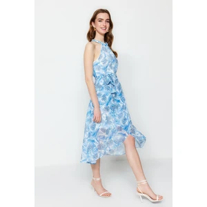Trendyol Blue Belted Midi Linen, Flared Floral Dress
