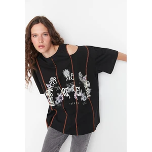 Trendyol Black Printed Oversized Knitted T-Shirt
