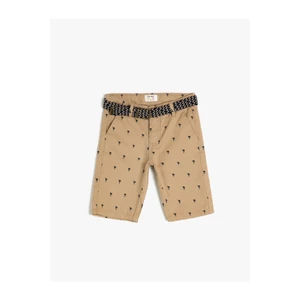 Koton Boys Beige Palm Patterned Woven Shorts With Belt